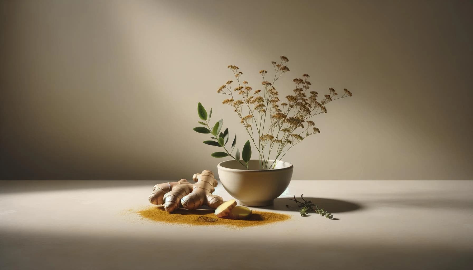 Ginger root and botanical stems arranged in a ceramic bowl