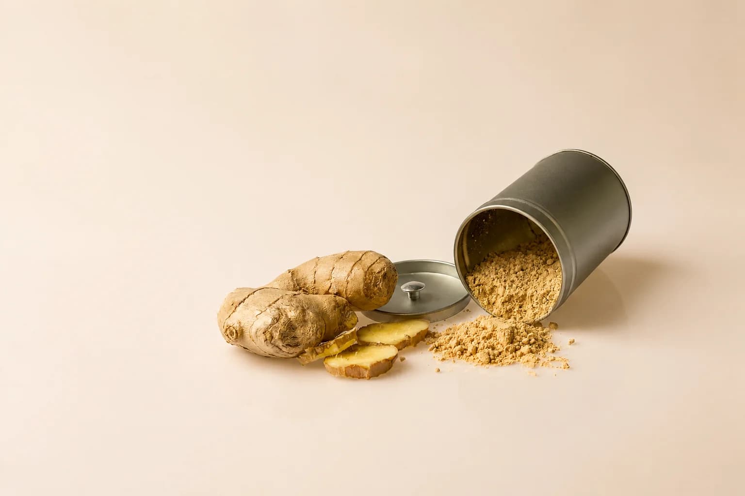 Fresh ginger roots, sliced ginger, and ground ginger powder beside an open metal container